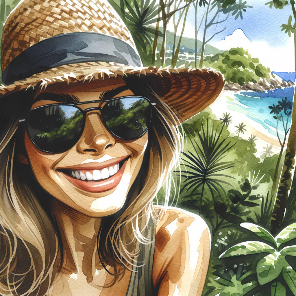 water color style, close up of a happy 30-year old, blonde-headed white female, dark sunglasses wearing a straw sun hat in the jungle with a beach in the background.