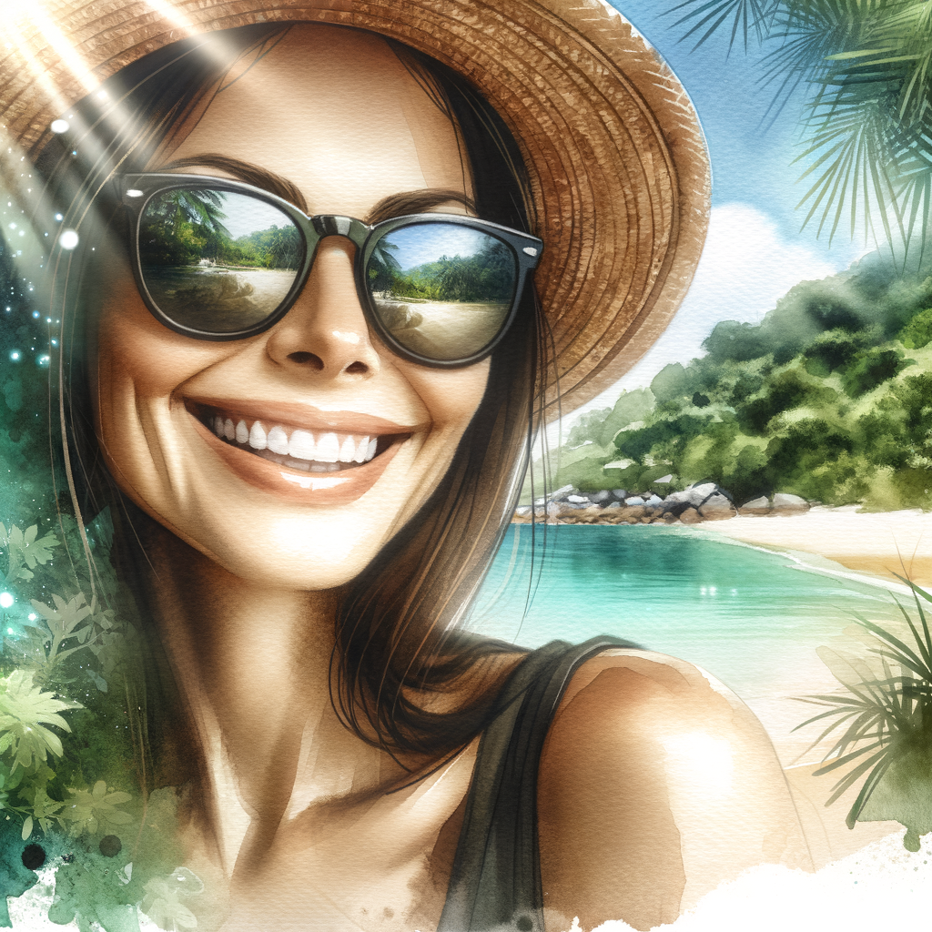 water color style, close up of a happy 30-year old white female, dark sunglasses wearing a straw sun hat in the jungle with a beach in the background.