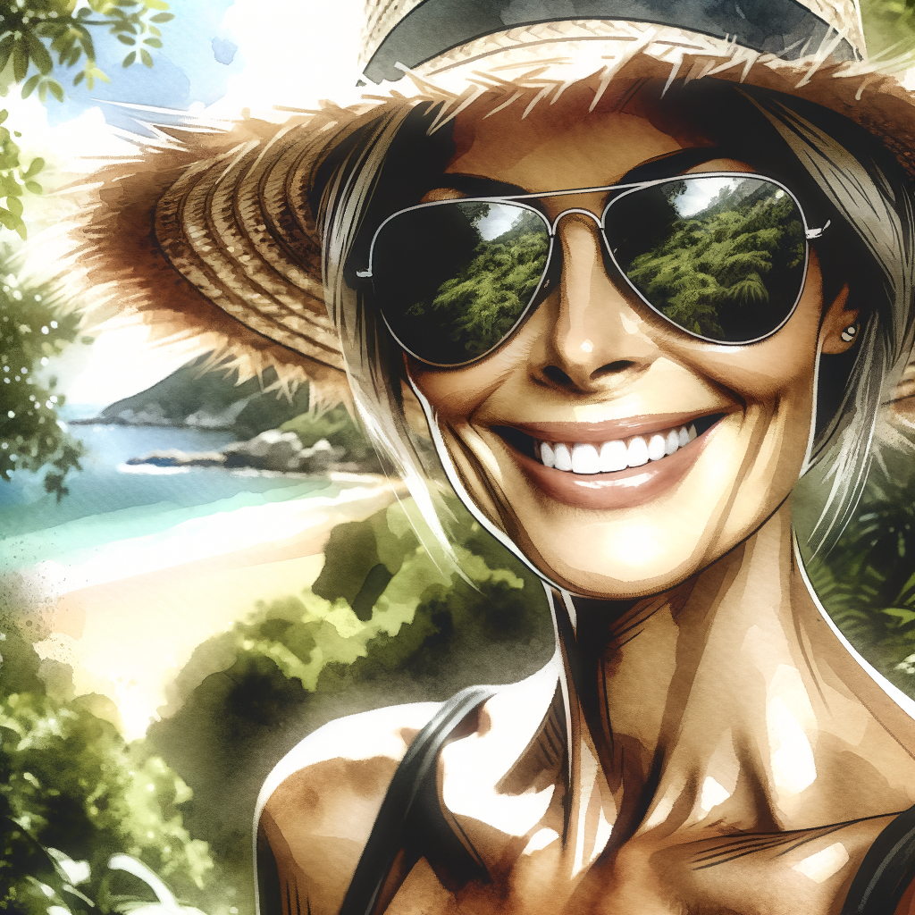 water color style, close up of a happy 50-year old, fit healthy white female, dark sunglasses wearing a straw sun hat in the jungle with a beach in the background.