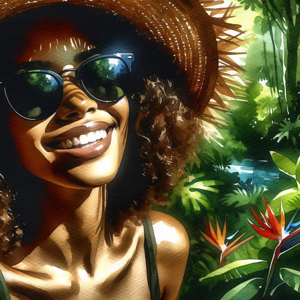 water color style, close up of a happy Mulatto woman wearing dark sunglasses wearing a straw sun hat in the jungle.