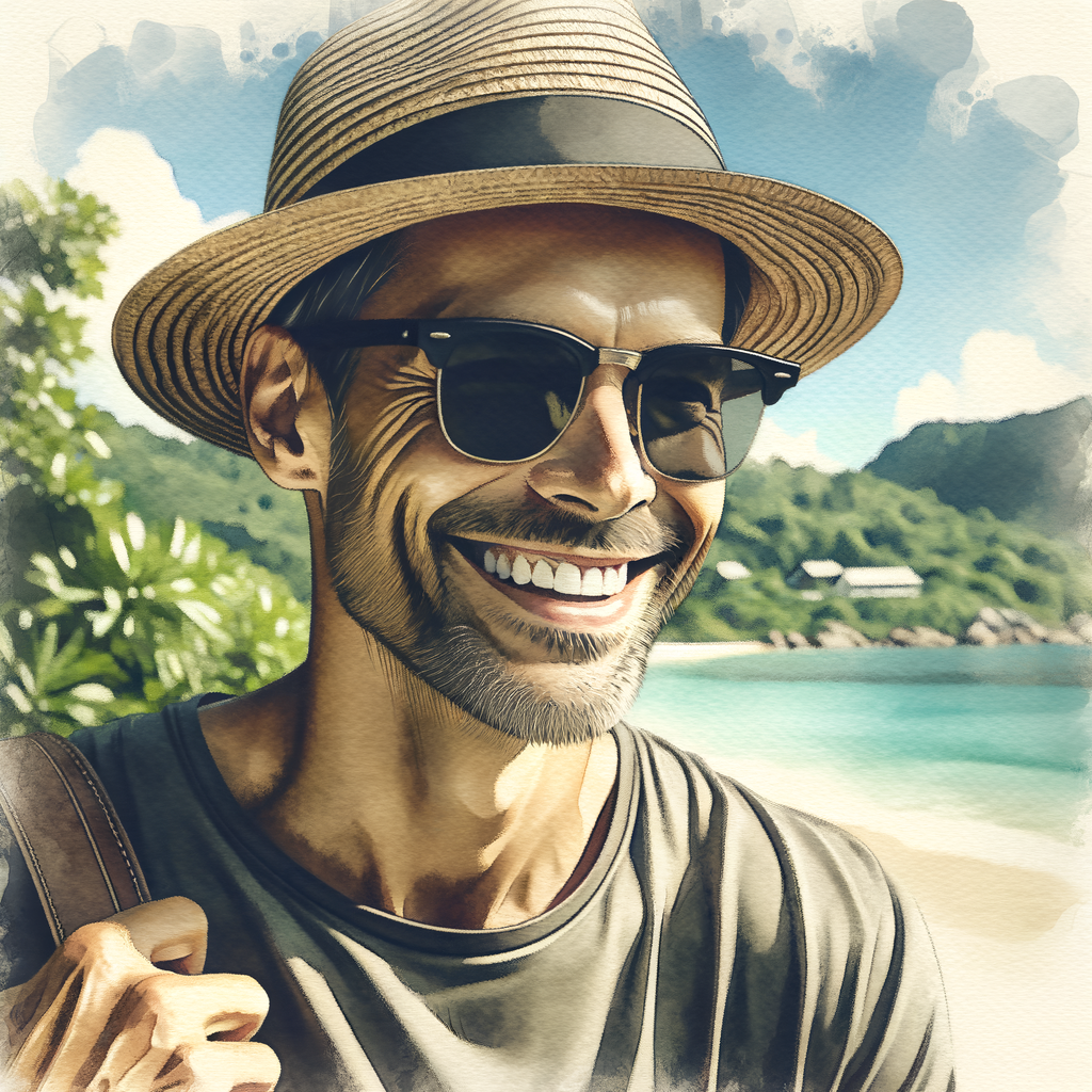 water color style, close up of a sort-of a glad 42-year old, fit healthy Swedish male, dark sunglasses wearing a straw sun hat in the jungle with a beach in the background.