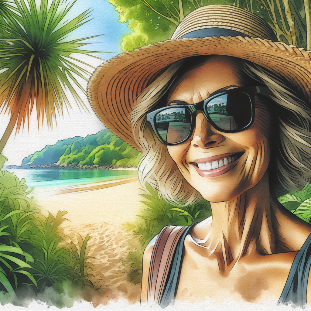 water color style, close up of a sort-of a glad 50-year old, fit healthy white female, dark sunglasses wearing a straw sun hat in the jungle with a beach in the background.