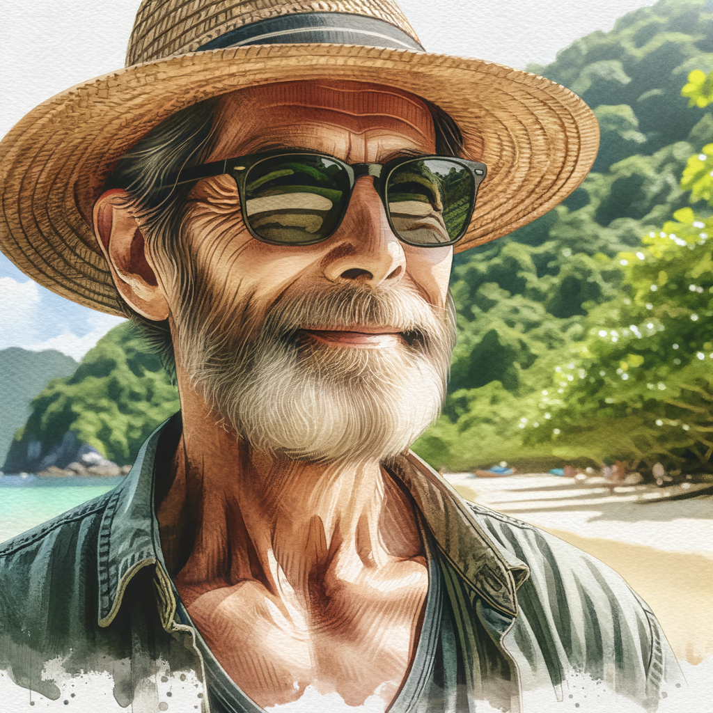 water color style, close up of a sort-of a glad 76-year old, fit healthy bearded white male, dark sunglasses wearing a straw sun hat in the jungle with a beach in the background.