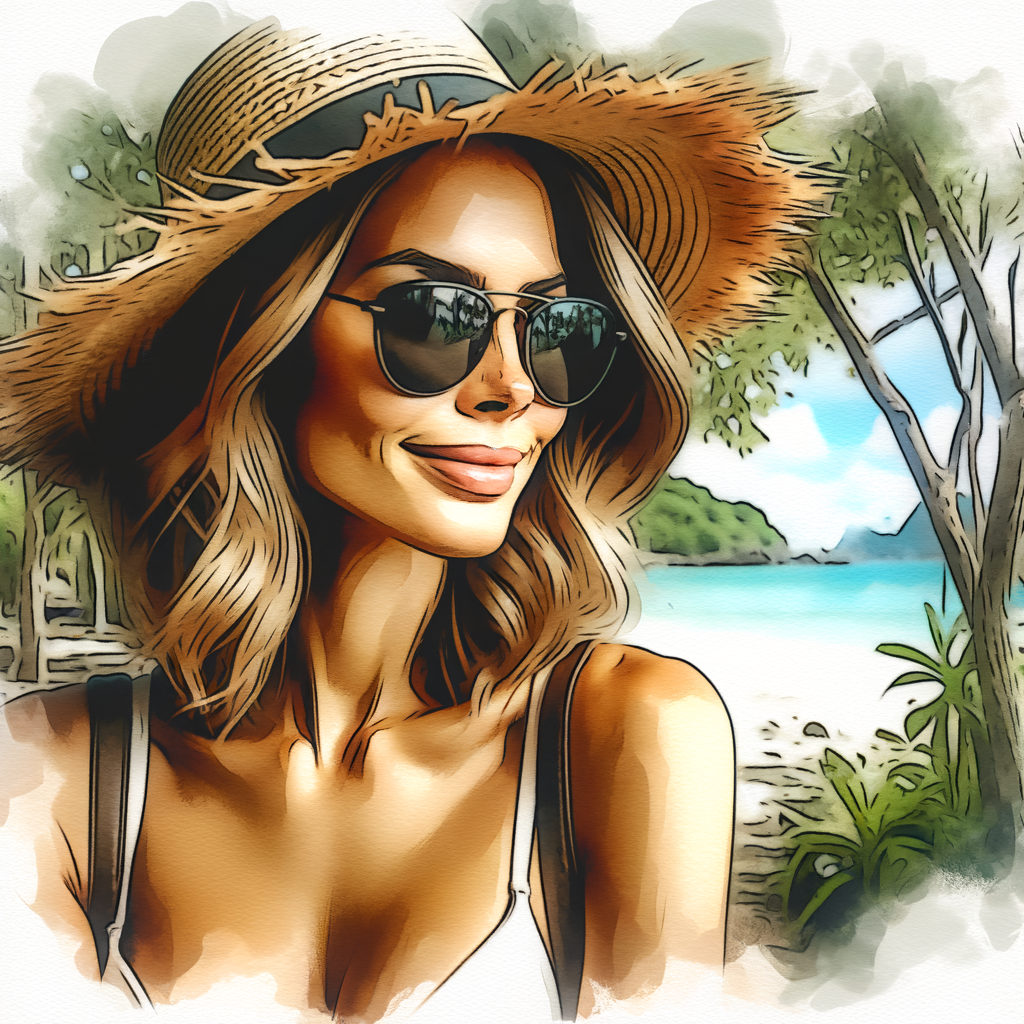 water color style, close up of a sort-of happy 38-year old, fit healthy Norwegian female, dark sunglasses wearing a straw sun hat in the jungle with a beach in the background.